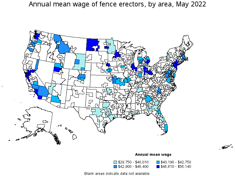 Map of annual mean wages of fence erectors by area, May 2022