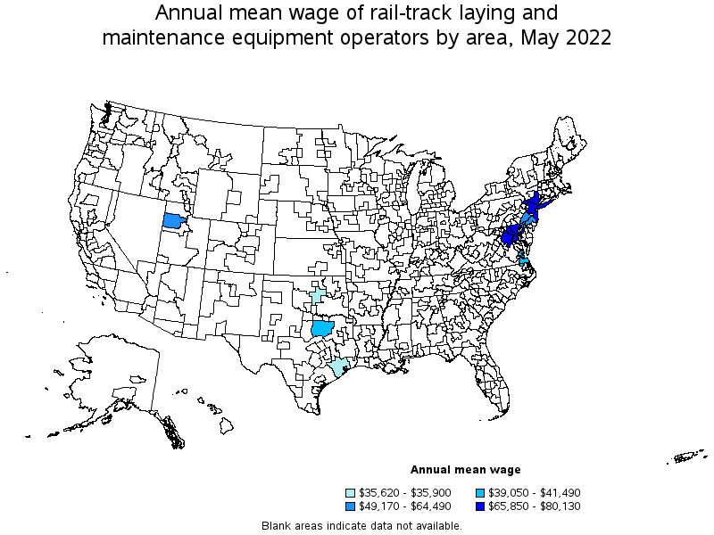 Map of annual mean wages of rail-track laying and maintenance equipment operators by area, May 2022