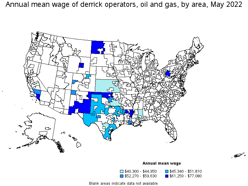 Map of annual mean wages of derrick operators, oil and gas by area, May 2022