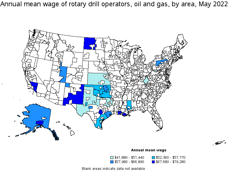 Map of annual mean wages of rotary drill operators, oil and gas by area, May 2022