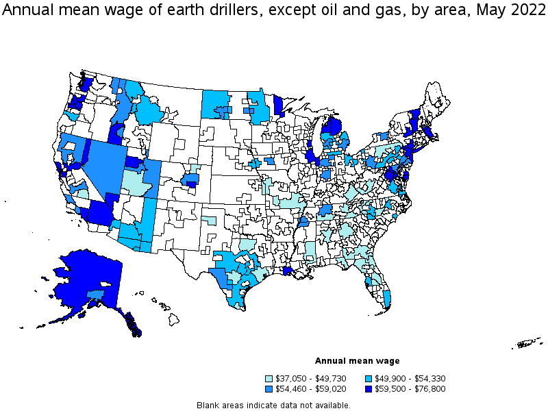 Map of annual mean wages of earth drillers, except oil and gas by area, May 2022