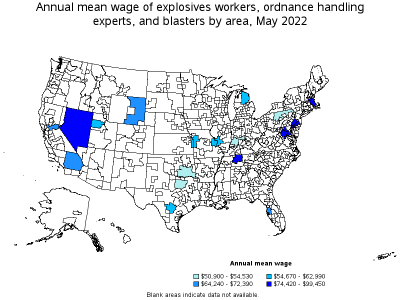 Map of annual mean wages of explosives workers, ordnance handling experts, and blasters by area, May 2022