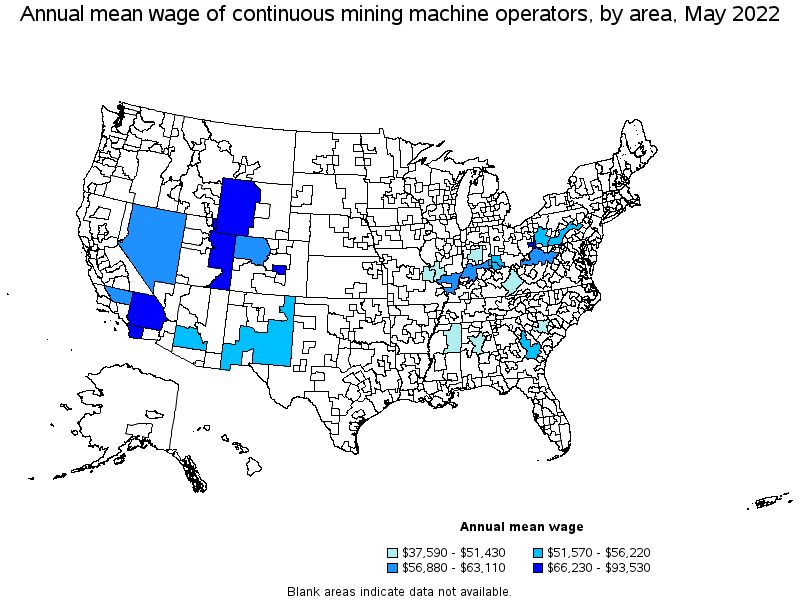 Map of annual mean wages of continuous mining machine operators by area, May 2022