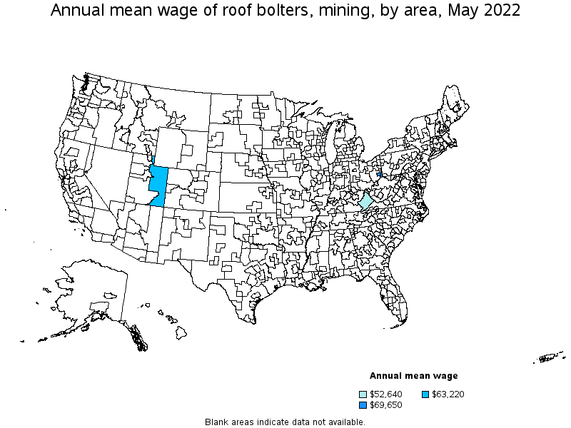 Map of annual mean wages of roof bolters, mining by area, May 2022