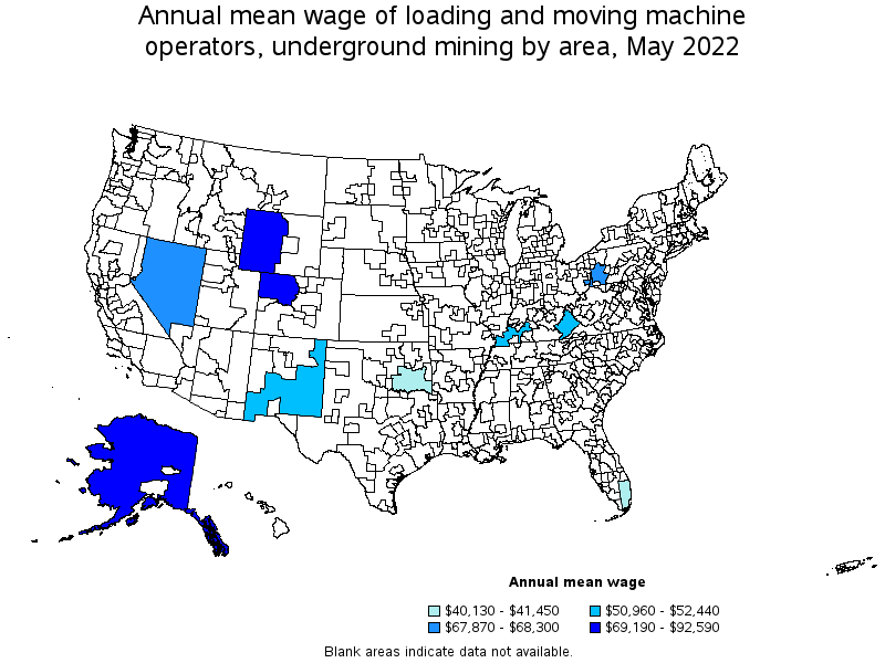 Map of annual mean wages of loading and moving machine operators, underground mining by area, May 2022