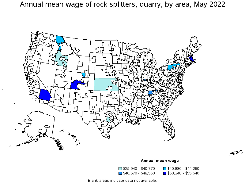 Map of annual mean wages of rock splitters, quarry by area, May 2022