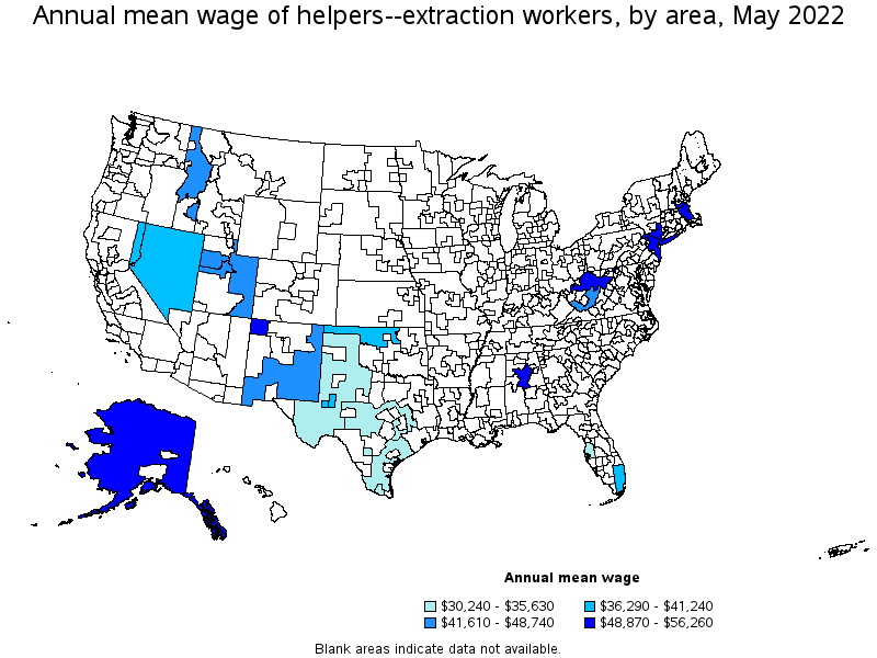 Map of annual mean wages of helpers--extraction workers by area, May 2022