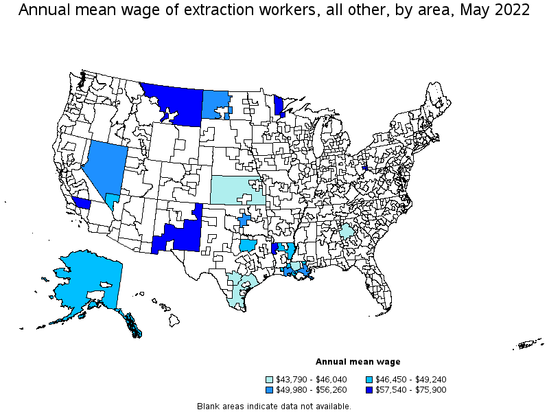 Map of annual mean wages of extraction workers, all other by area, May 2022