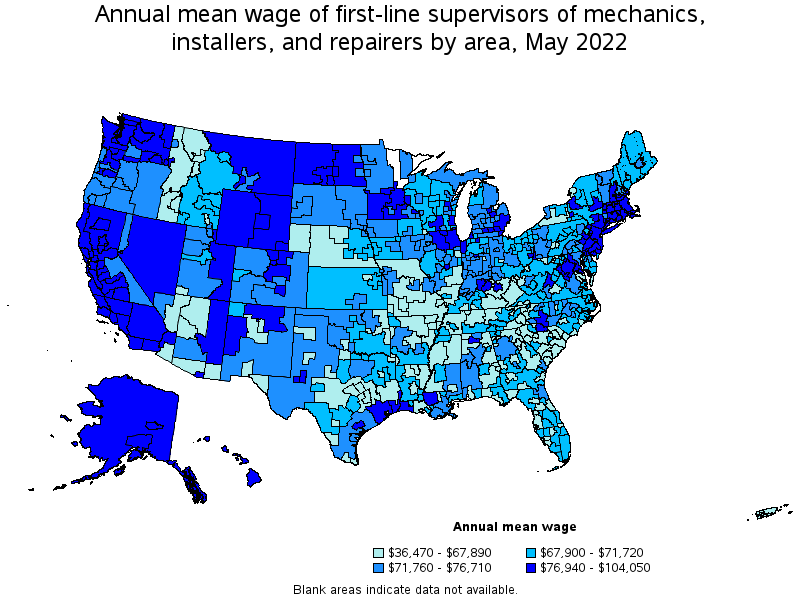 Map of annual mean wages of first-line supervisors of mechanics, installers, and repairers by area, May 2022