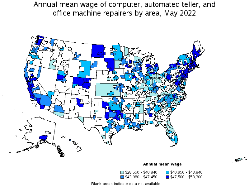 Map of annual mean wages of computer, automated teller, and office machine repairers by area, May 2022