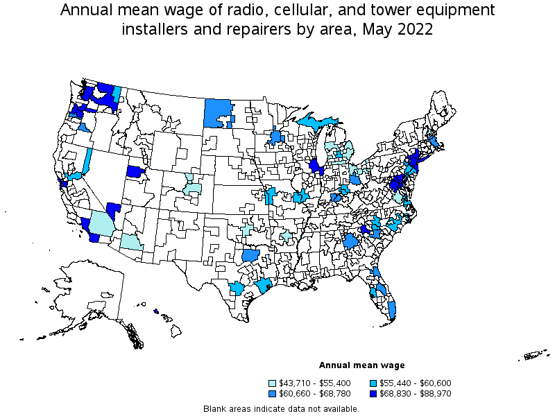 Map of annual mean wages of radio, cellular, and tower equipment installers and repairers by area, May 2022