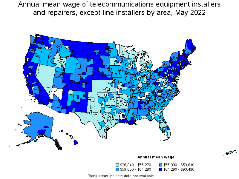 Map of annual mean wages of telecommunications equipment installers and repairers, except line installers by area, May 2022