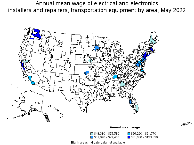 Map of annual mean wages of electrical and electronics installers and repairers, transportation equipment by area, May 2022