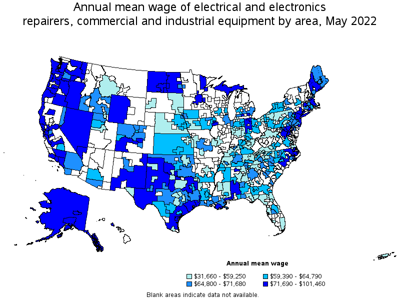 Map of annual mean wages of electrical and electronics repairers, commercial and industrial equipment by area, May 2022