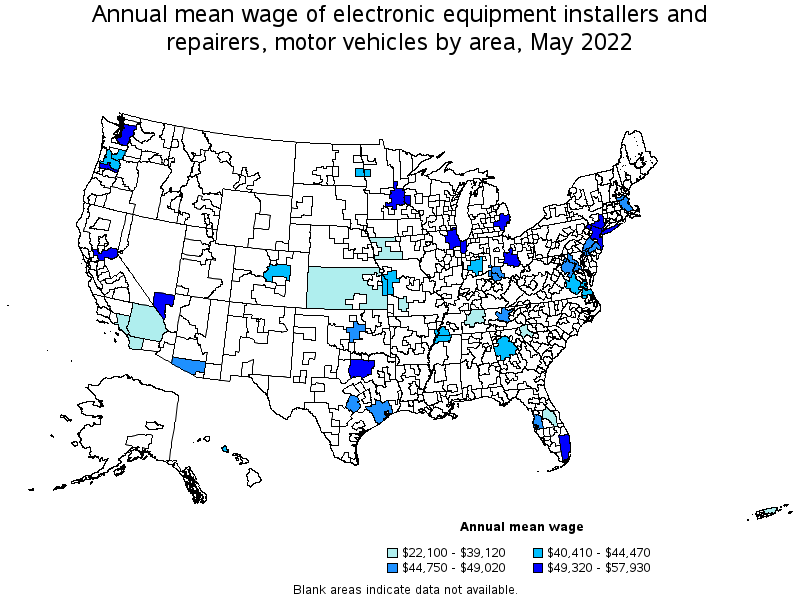 Map of annual mean wages of electronic equipment installers and repairers, motor vehicles by area, May 2022