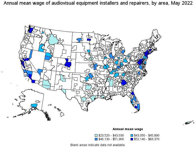 Map of annual mean wages of audiovisual equipment installers and repairers by area, May 2022