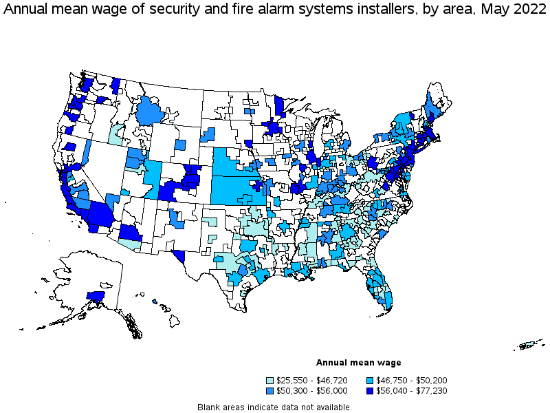 Map of annual mean wages of security and fire alarm systems installers by area, May 2022