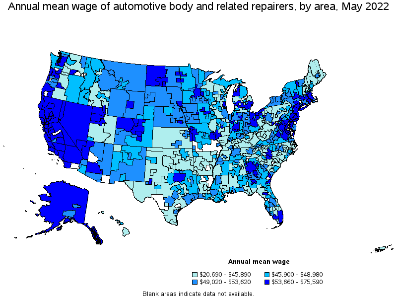 Map of annual mean wages of automotive body and related repairers by area, May 2022