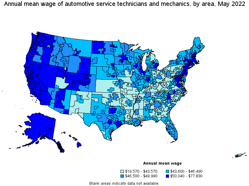 Map of annual mean wages of automotive service technicians and mechanics by area, May 2022