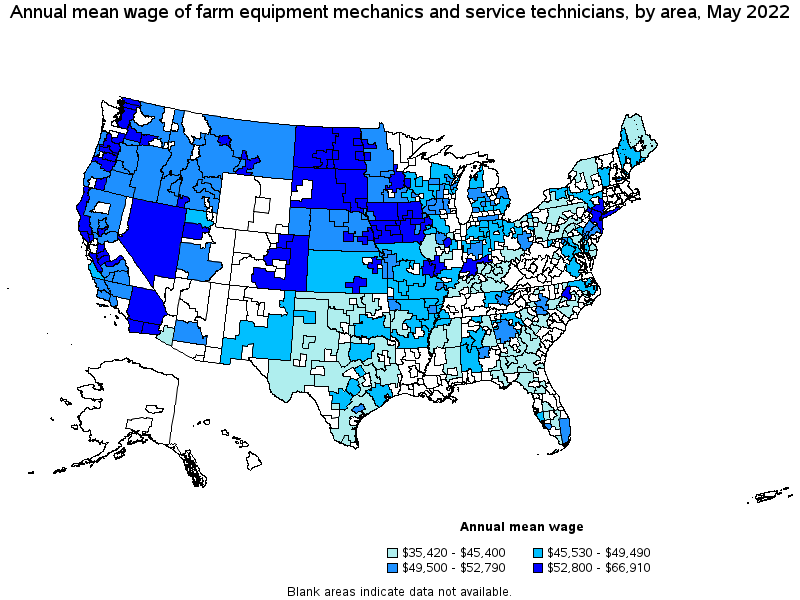Map of annual mean wages of farm equipment mechanics and service technicians by area, May 2022