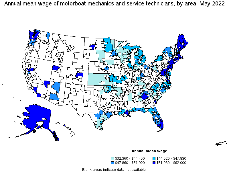 Map of annual mean wages of motorboat mechanics and service technicians by area, May 2022