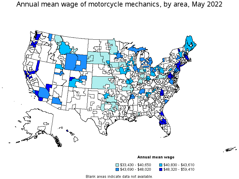 Map of annual mean wages of motorcycle mechanics by area, May 2022