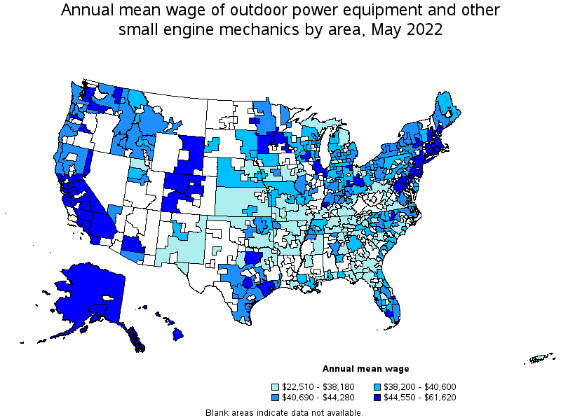 Map of annual mean wages of outdoor power equipment and other small engine mechanics by area, May 2022