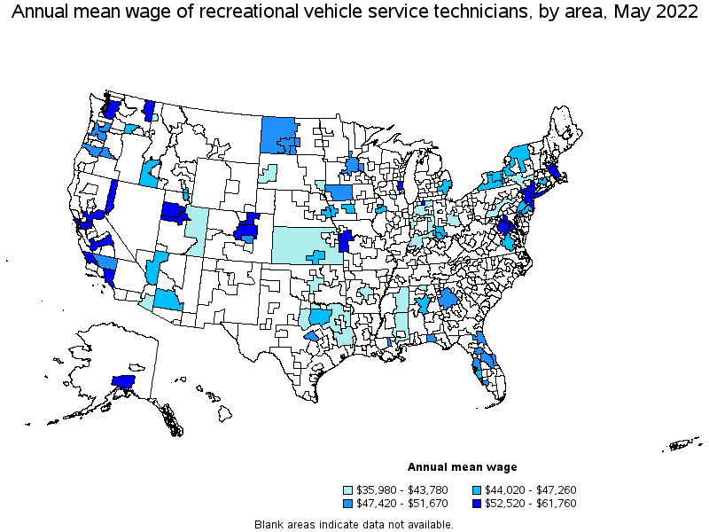 Map of annual mean wages of recreational vehicle service technicians by area, May 2022