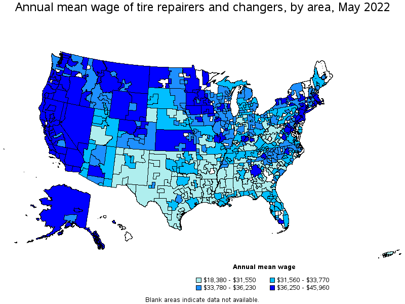 Map of annual mean wages of tire repairers and changers by area, May 2022