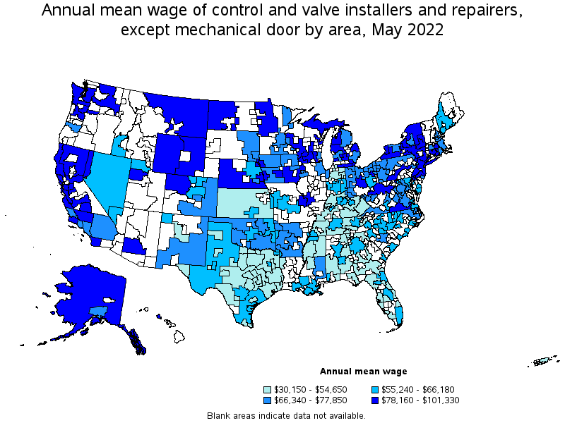 Map of annual mean wages of control and valve installers and repairers, except mechanical door by area, May 2022