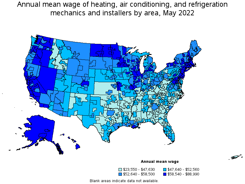 Map of annual mean wages of heating, air conditioning, and refrigeration mechanics and installers by area, May 2022