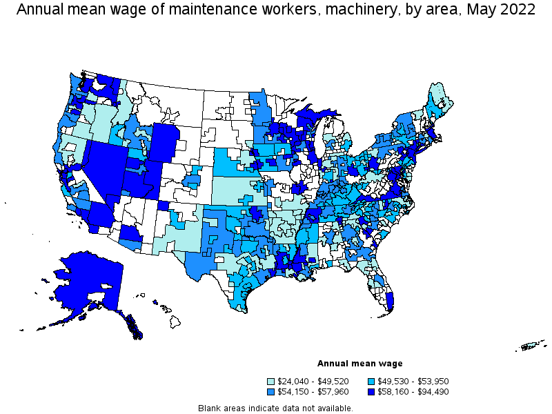 Map of annual mean wages of maintenance workers, machinery by area, May 2022
