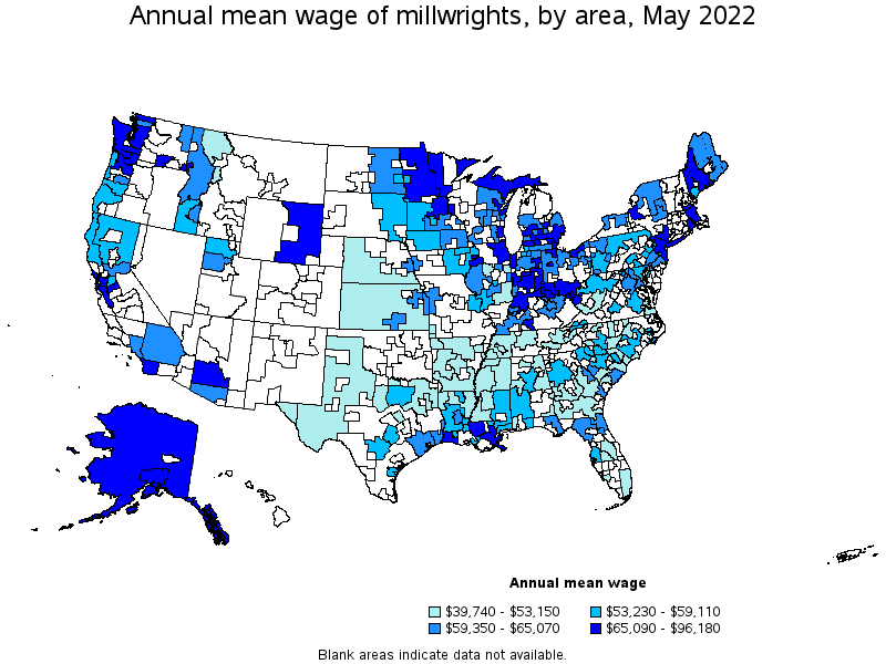 Map of annual mean wages of millwrights by area, May 2022