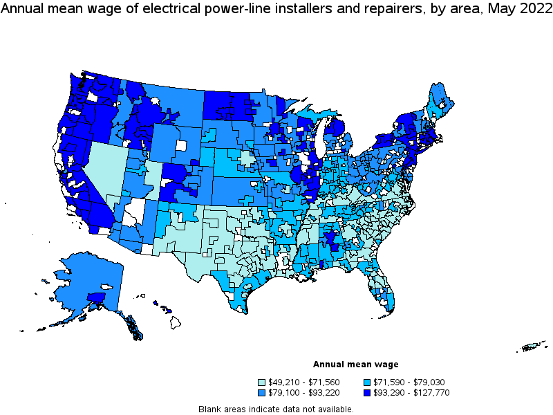 Map of annual mean wages of electrical power-line installers and repairers by area, May 2022