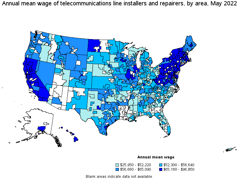 Map of annual mean wages of telecommunications line installers and repairers by area, May 2022