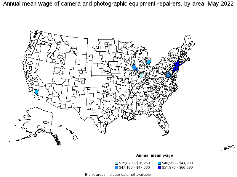 Map of annual mean wages of camera and photographic equipment repairers by area, May 2022