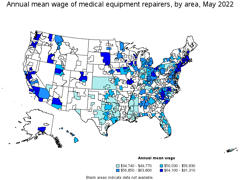 Map of annual mean wages of medical equipment repairers by area, May 2022