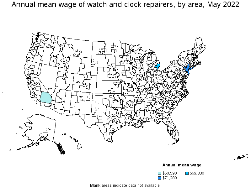 Map of annual mean wages of watch and clock repairers by area, May 2022