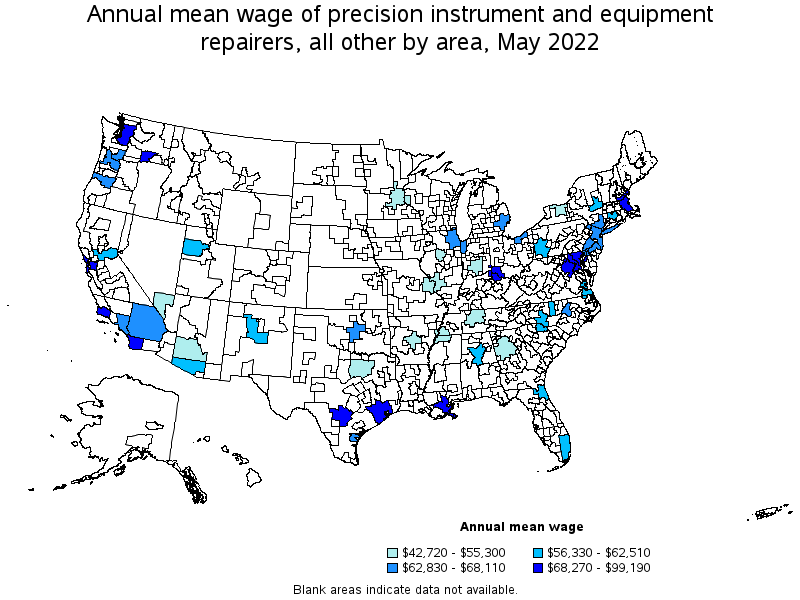 Map of annual mean wages of precision instrument and equipment repairers, all other by area, May 2022