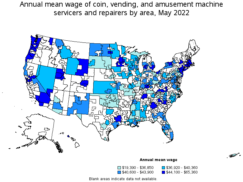 Map of annual mean wages of coin, vending, and amusement machine servicers and repairers by area, May 2022