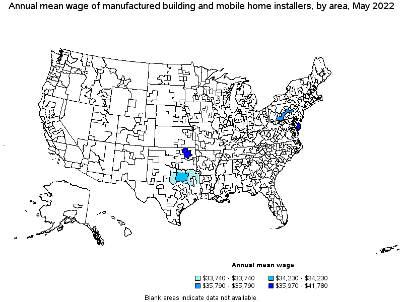 Map of annual mean wages of manufactured building and mobile home installers by area, May 2022