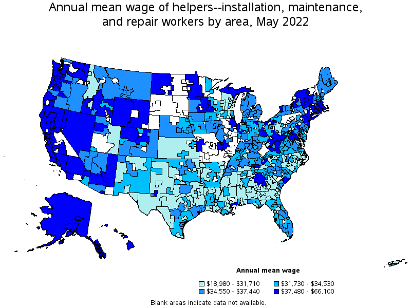 Map of annual mean wages of helpers--installation, maintenance, and repair workers by area, May 2022