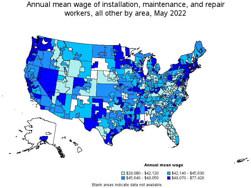 Map of annual mean wages of installation, maintenance, and repair workers, all other by area, May 2022