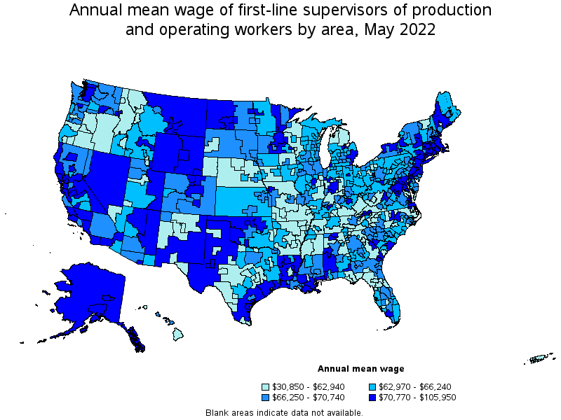 Map of annual mean wages of first-line supervisors of production and operating workers by area, May 2022
