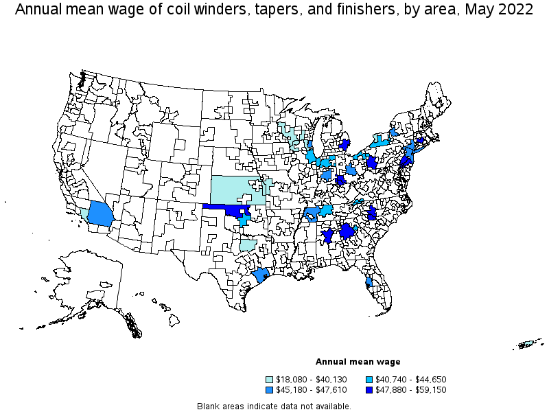 Map of annual mean wages of coil winders, tapers, and finishers by area, May 2022