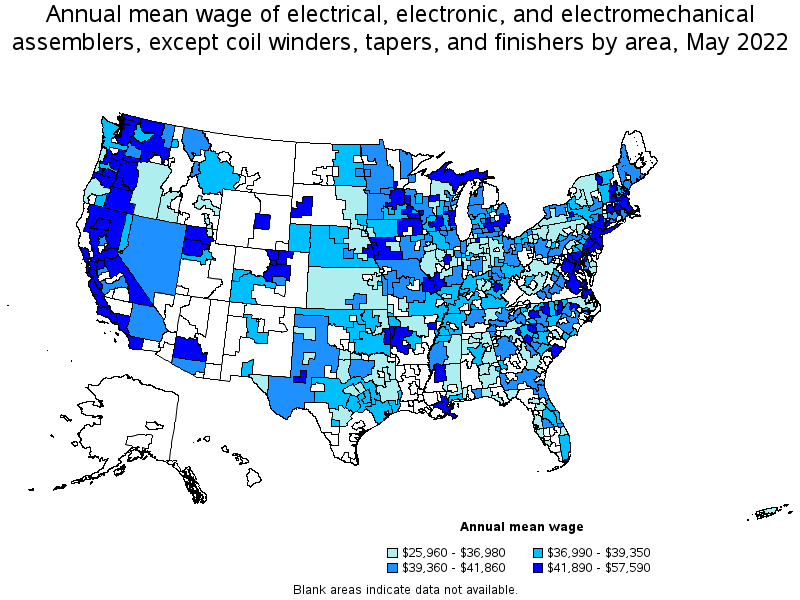 Map of annual mean wages of electrical, electronic, and electromechanical assemblers, except coil winders, tapers, and finishers by area, May 2022