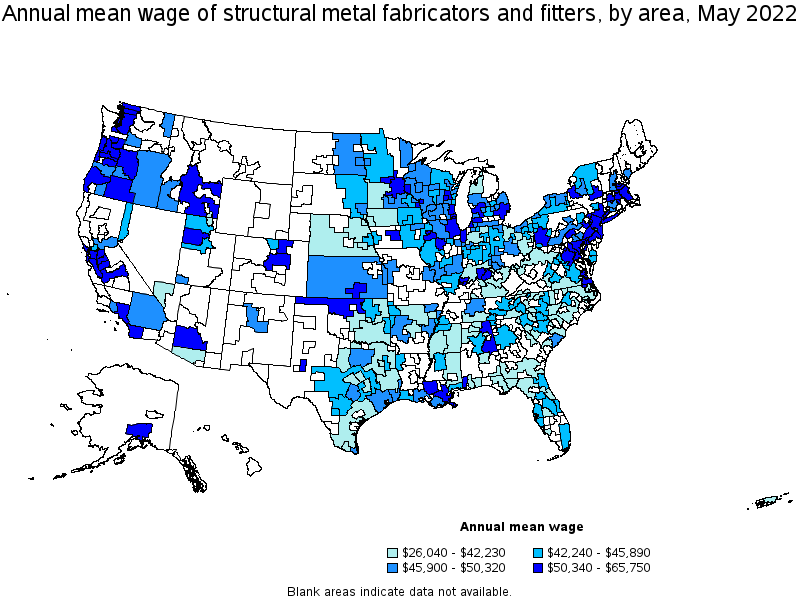 Map of annual mean wages of structural metal fabricators and fitters by area, May 2022