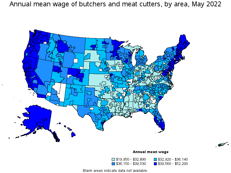 Map of annual mean wages of butchers and meat cutters by area, May 2022