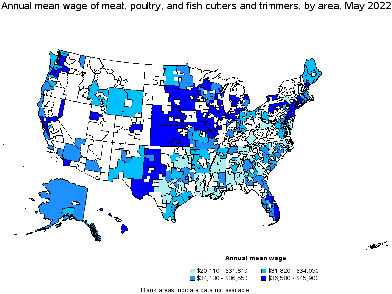Map of annual mean wages of meat, poultry, and fish cutters and trimmers by area, May 2022