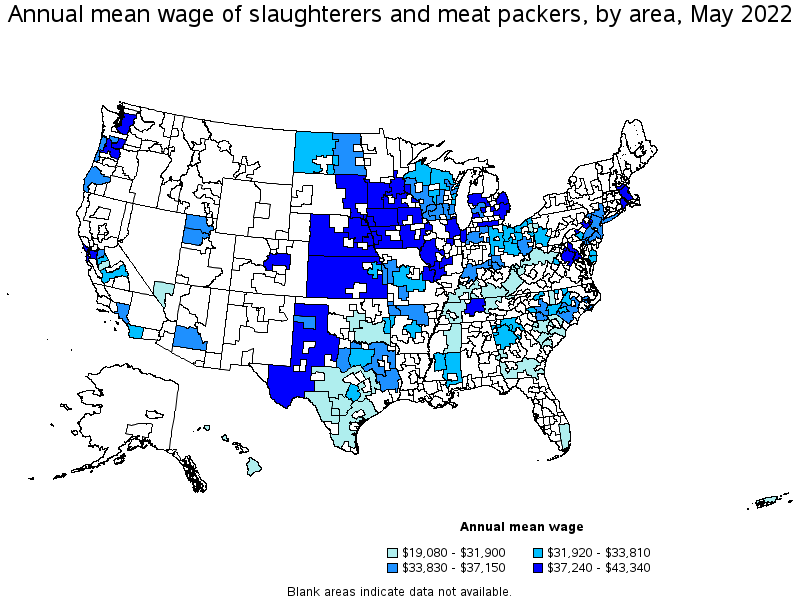 Map of annual mean wages of slaughterers and meat packers by area, May 2022